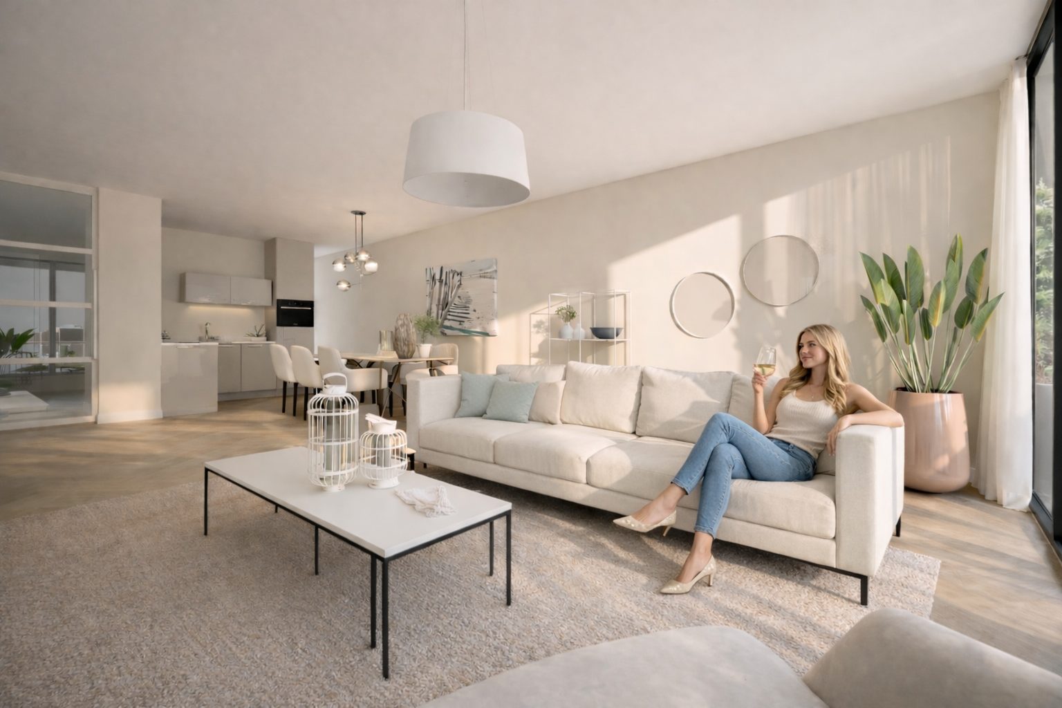 Impressie van het interieurpakket Beach Luxury: lichte woonkamer met open keuken