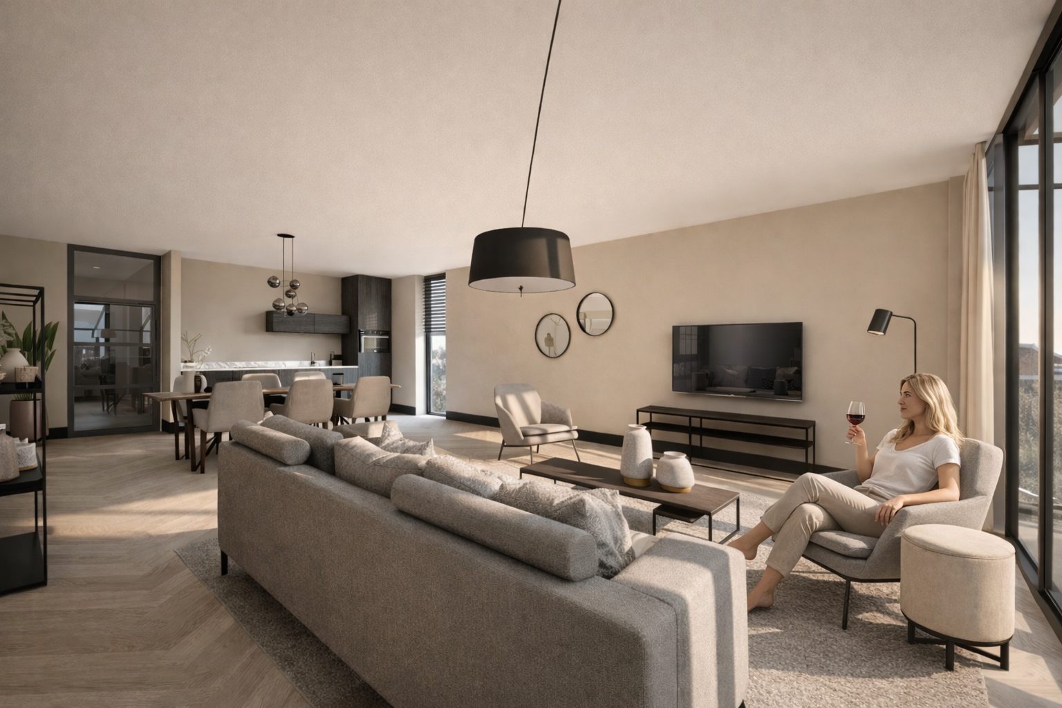 Impressie van het interieurpakket Residence Chique: warme woonkamer met donkere accenten